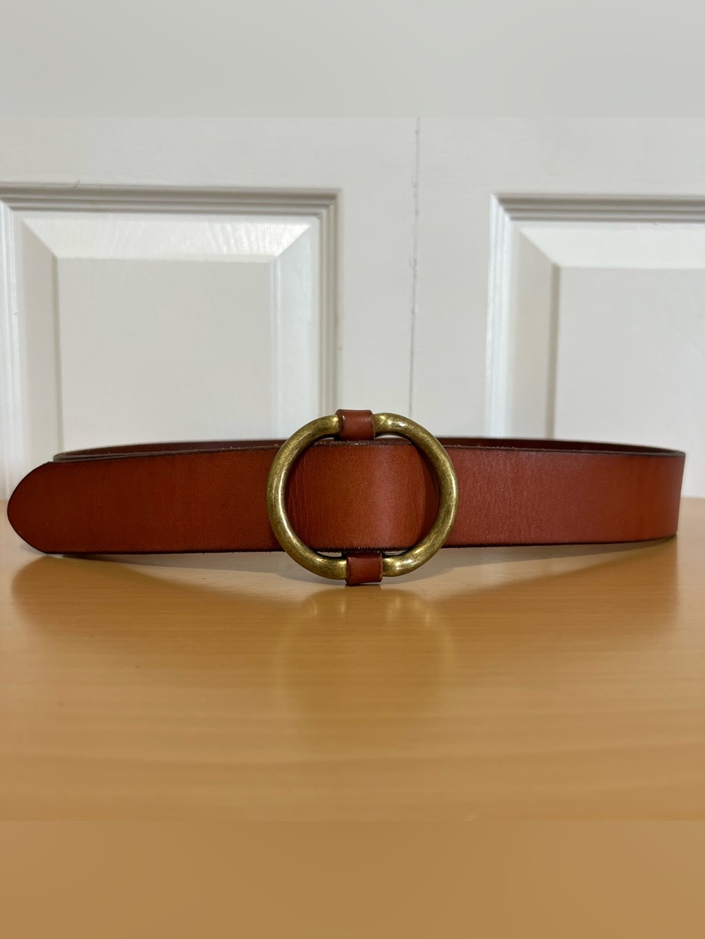 CAbi Women's Brass Ring Buckle Brown Leather Belt Size S/M